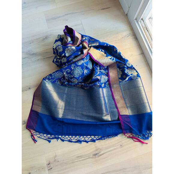 Duppotta Silk Scarf Blue /Purple tassel Trim Ethnic Accessories Wraps Formals - Picture 8 of 10